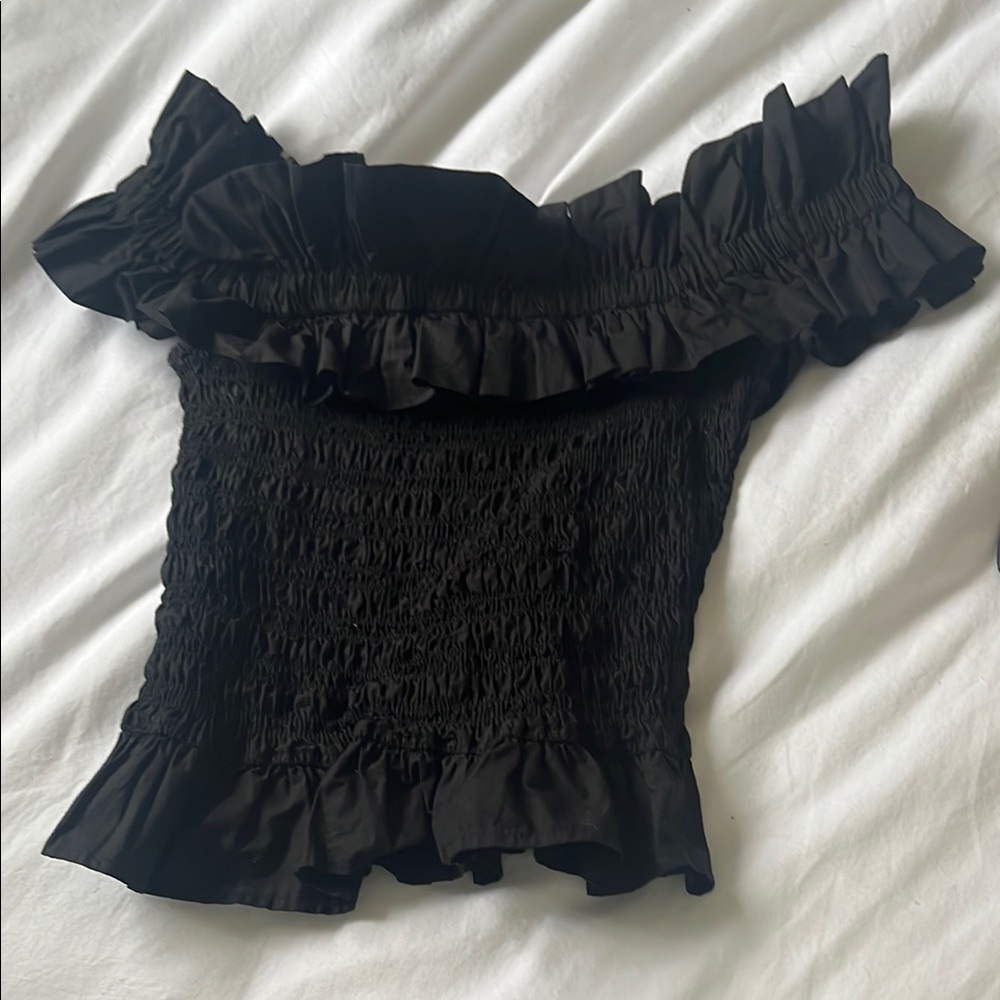 Ganni Black Smocked Off-Shoulder Blouse